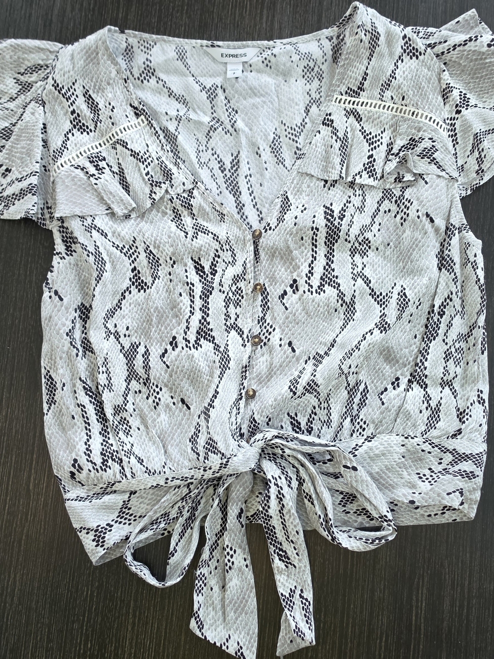 Express Cream and Black Snake-Print Tie-Front Crop Blouse with Ruffle Cap Sleeve